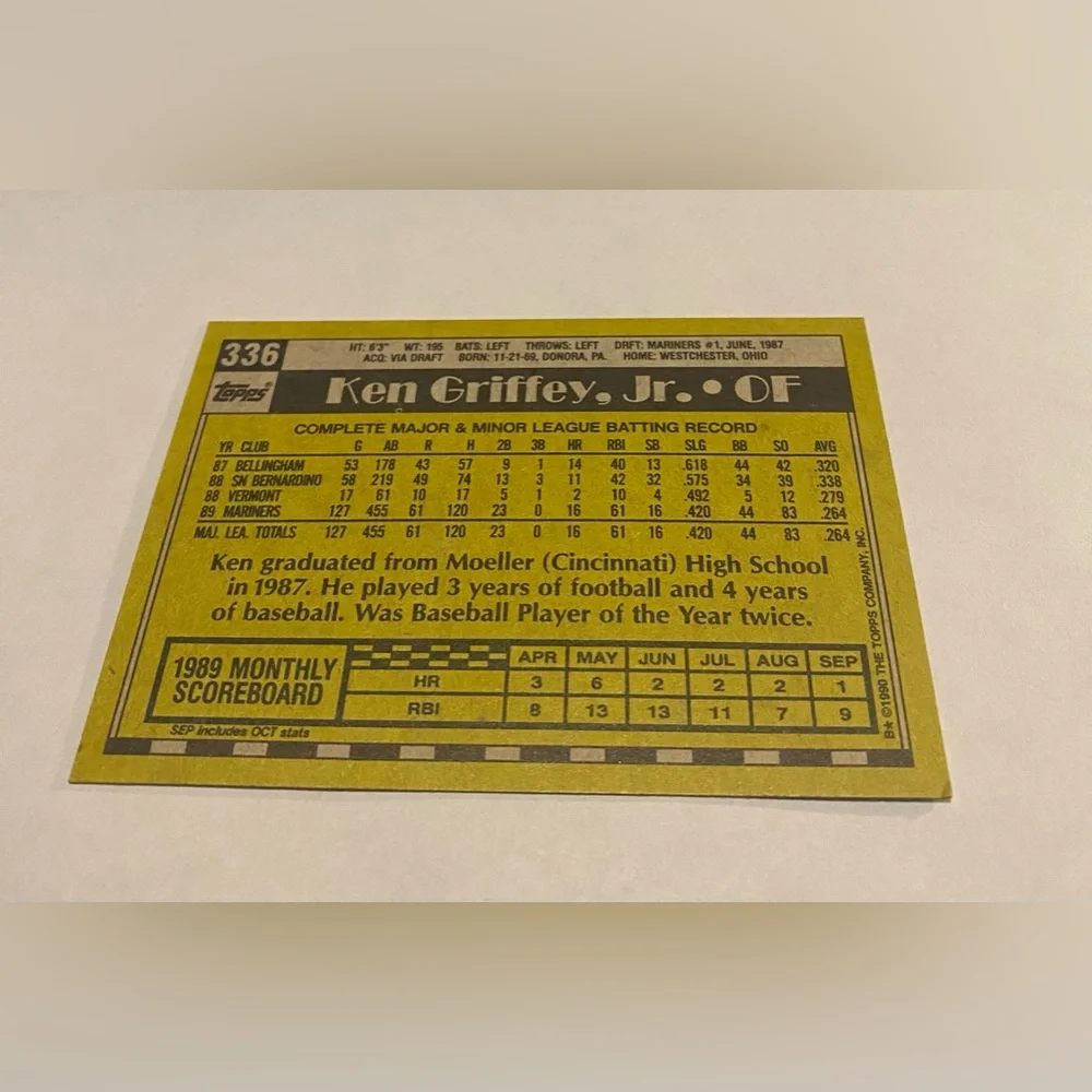 Ken Griffey Jr. 1990 Topps Error Baseball Card # 336 Vintage Collectible